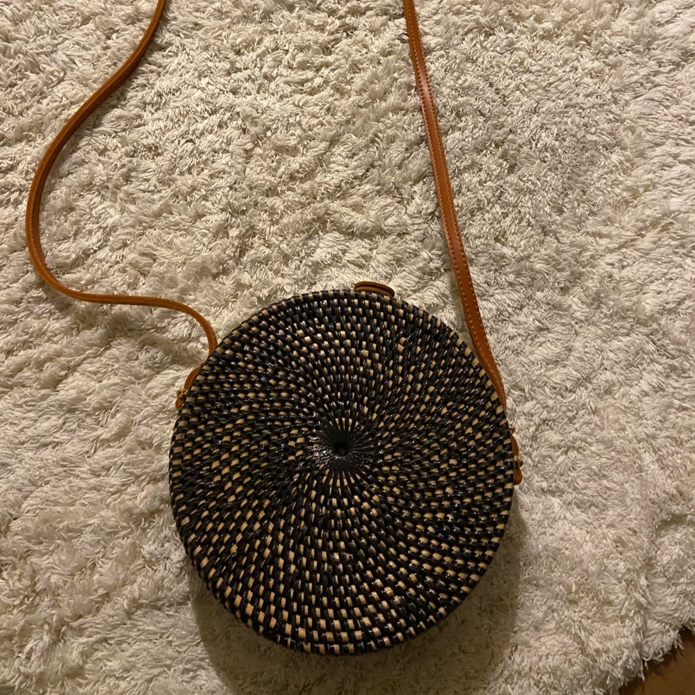 Round Black and Tan rattan bag